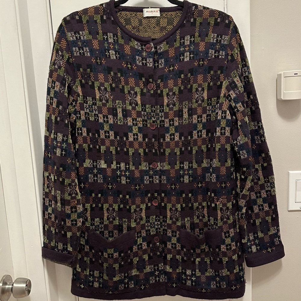 VTG Rodier France Purple Printed Wool Blend Cardigan Sweater Jacket Size XL